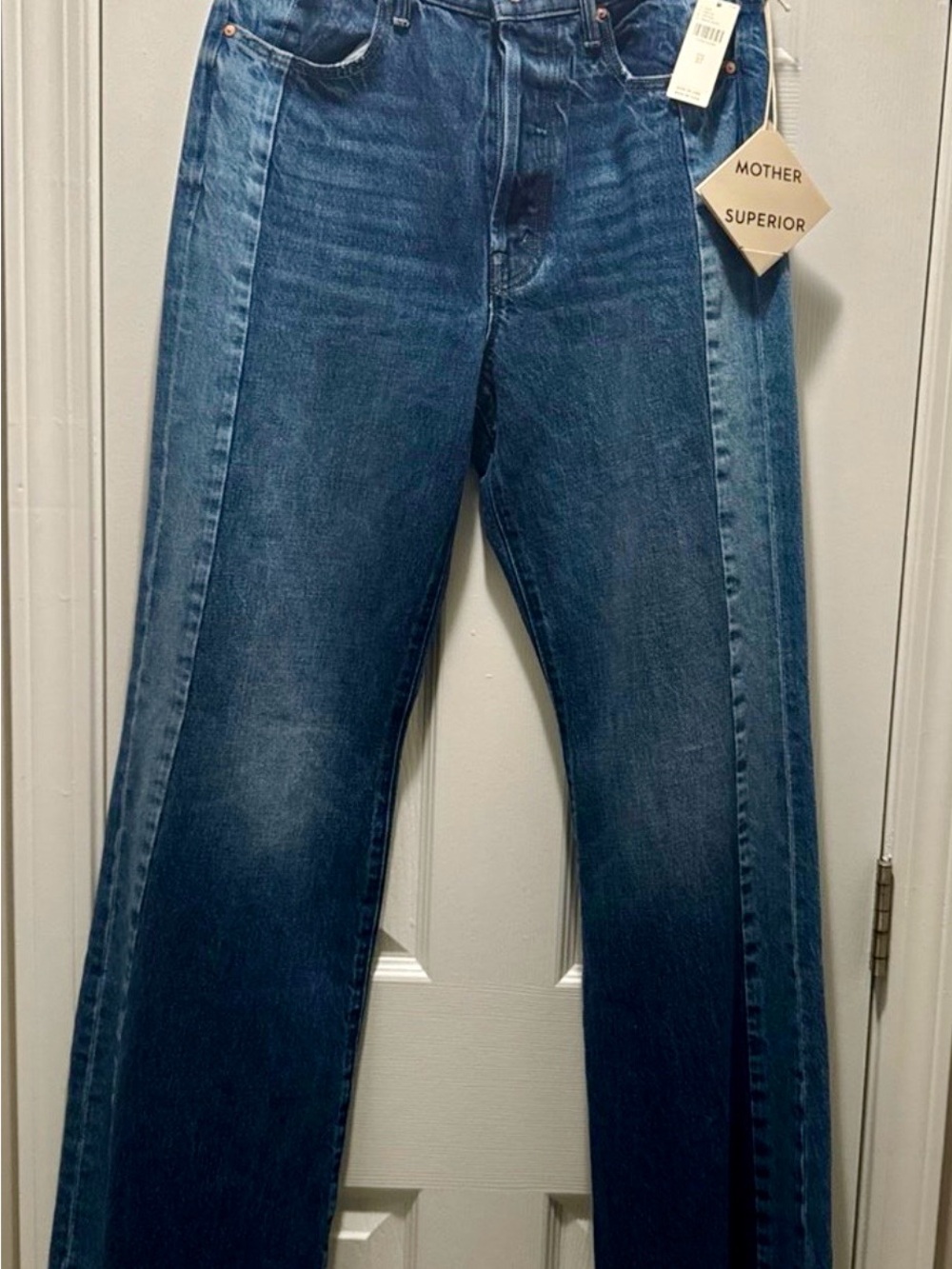 MOTHER Two-Tone Denim Straight Jeans in Dark and Light Blue